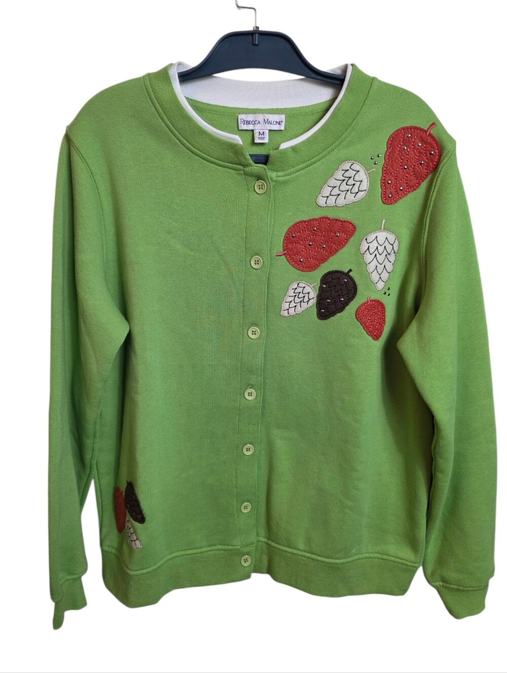 Rebecca Malone Women’s Medium Green Embroidered Leaf Button Front Cardigan Fall - Picture 3 of 11